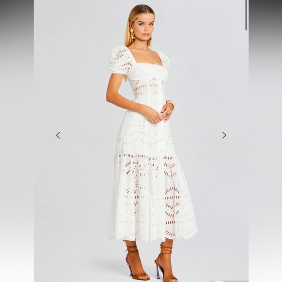 White Retrofete embroidered dress with puffed sleeve - Picture 2 of 7